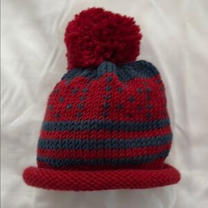 New Cozy Hand Knit Red and Blue Pom-Pom Beanie for Babies